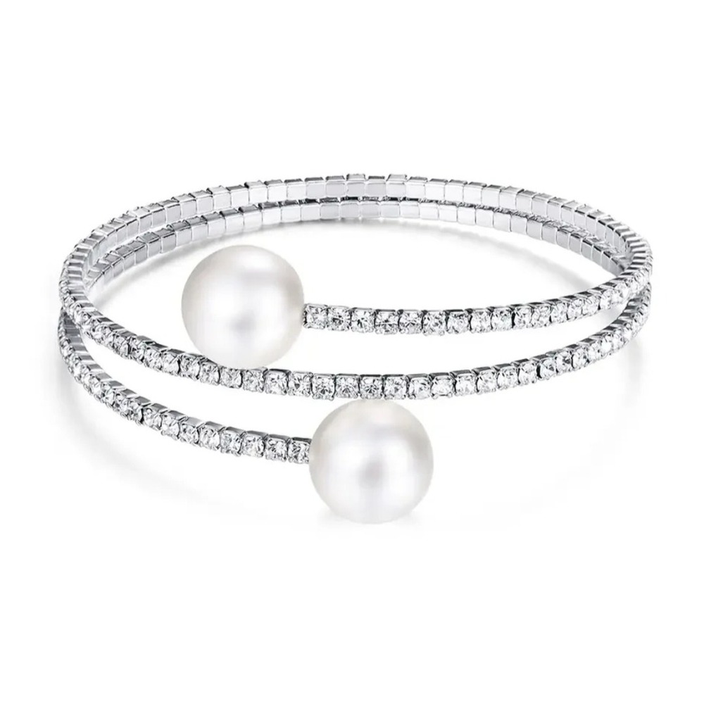 Cara NY Silver Tone Rhinestone Faux Pearl Coil Wrap Bypass Bracelet Womens